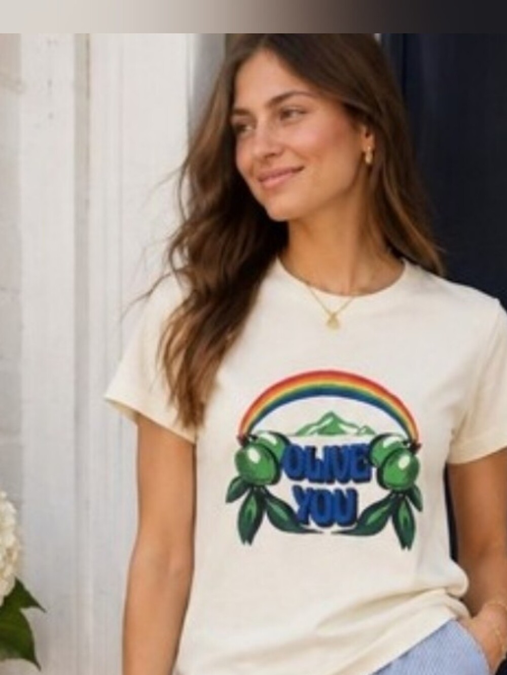 Tory Burch Cream Short-Sleeve Tee with Rainbow and Mountain Graphic